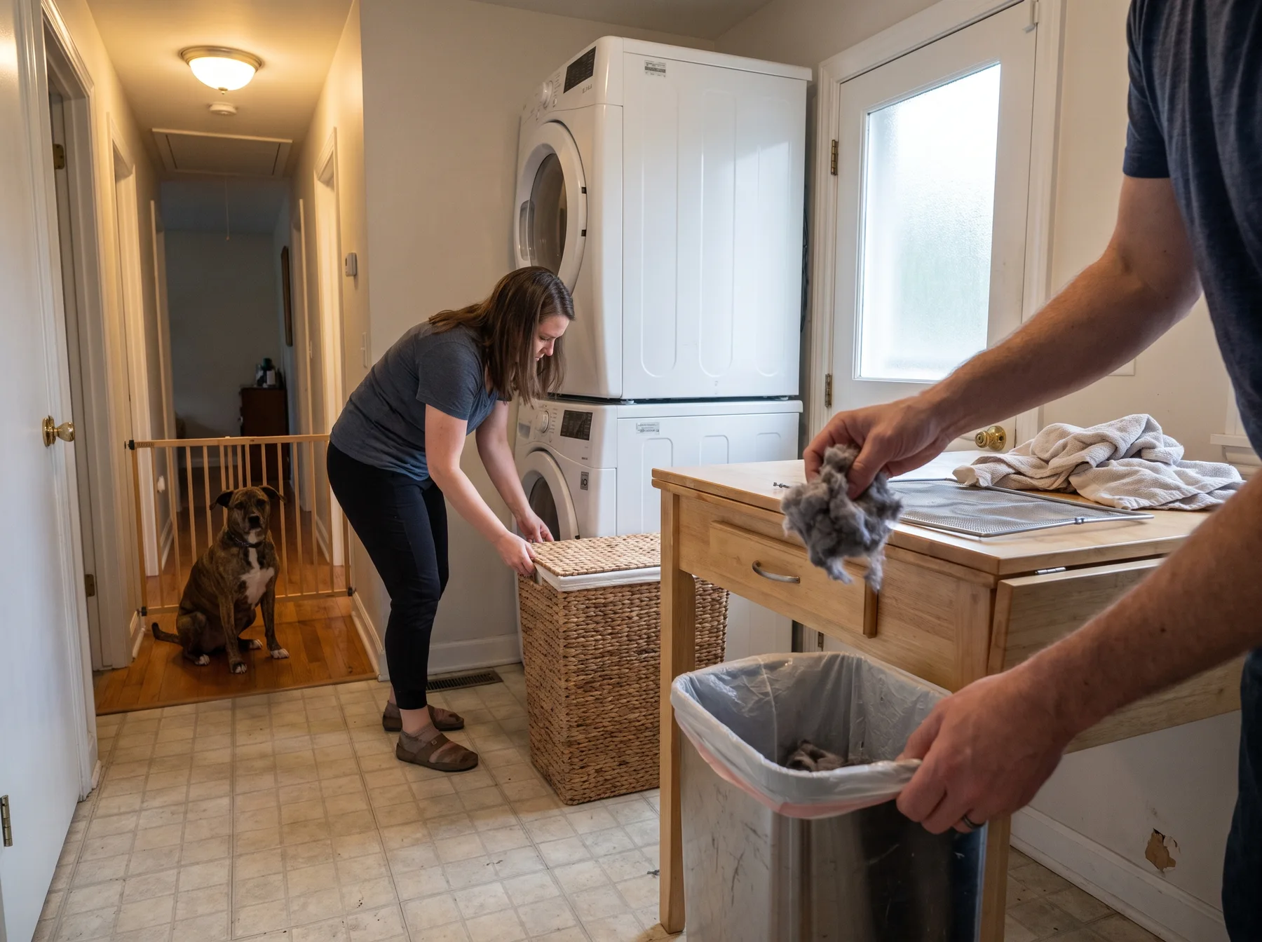 Dog waits behind a gate as adults handle a hamper and lint near laundry machines.