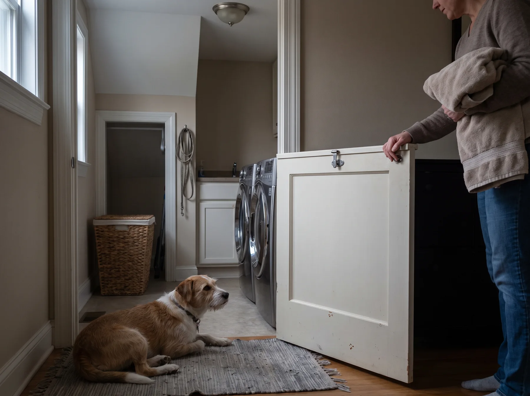 Dog lies on a rug near an open laundry room door while a person holds a towel.