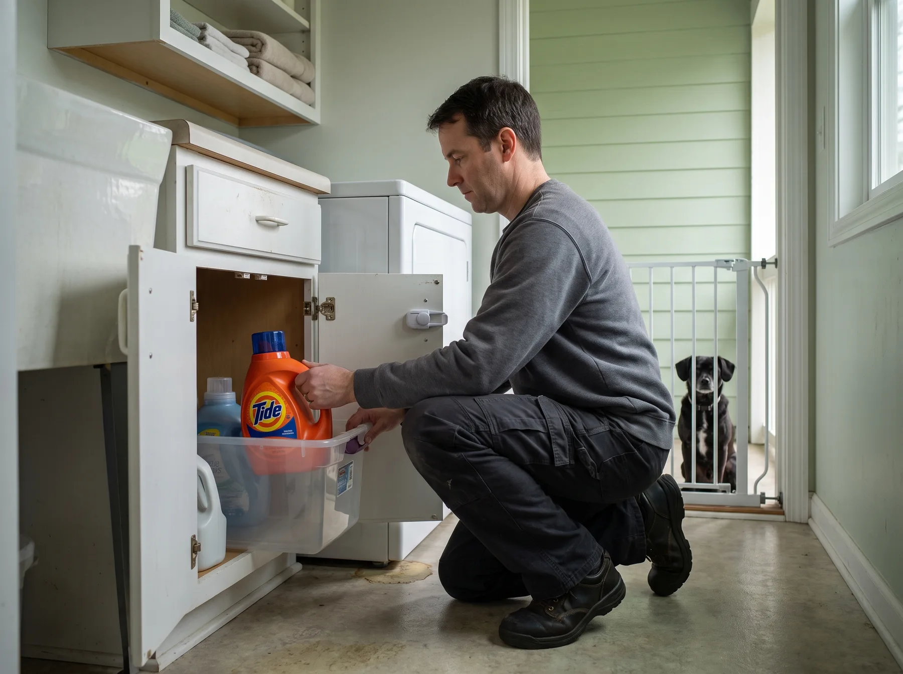 Man places laundry detergent in a lower cabinet while a dog waits behind a gate.