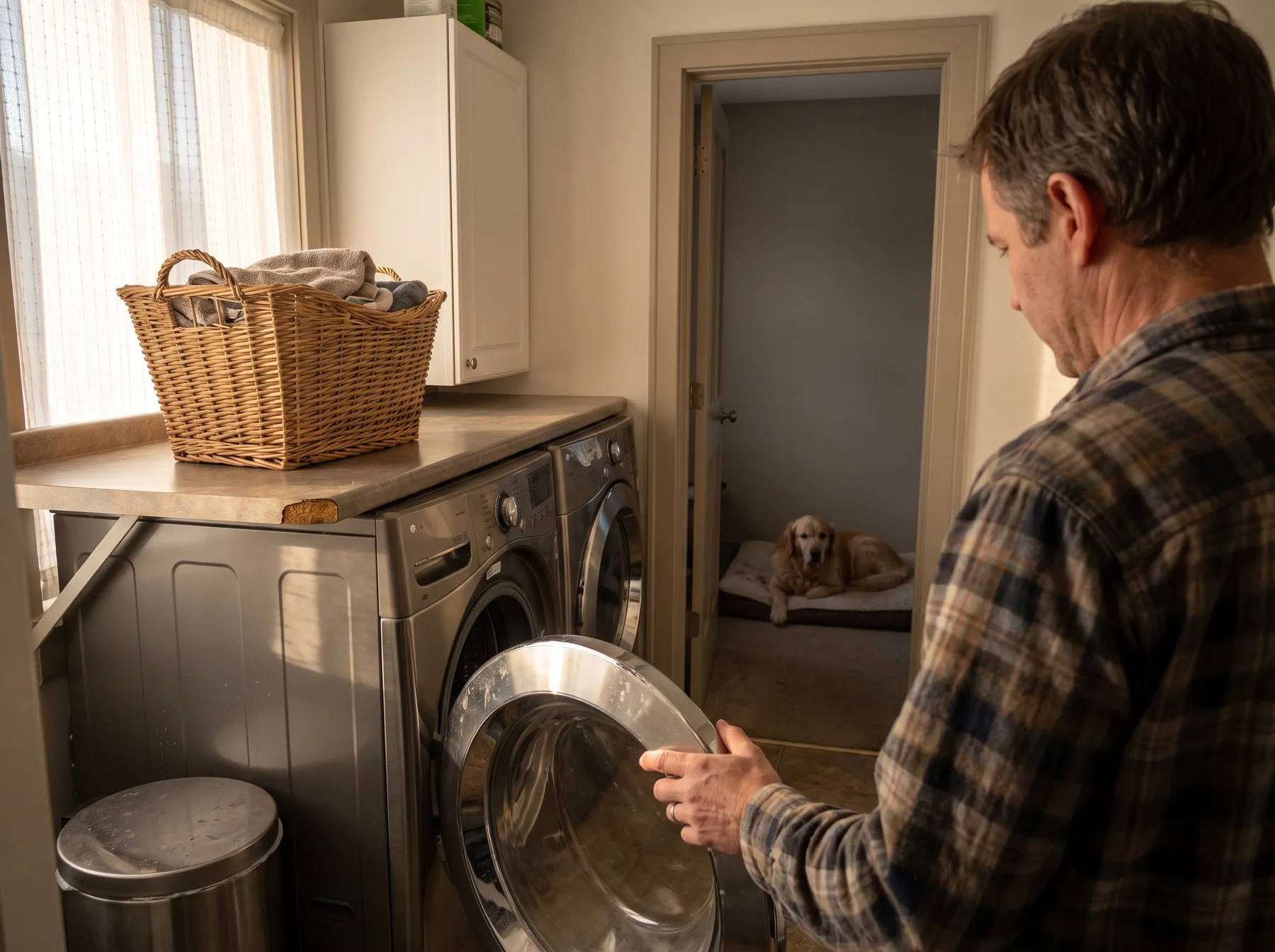 Man holds open washing machine door while a dog rests on a bed in the adjoining room.