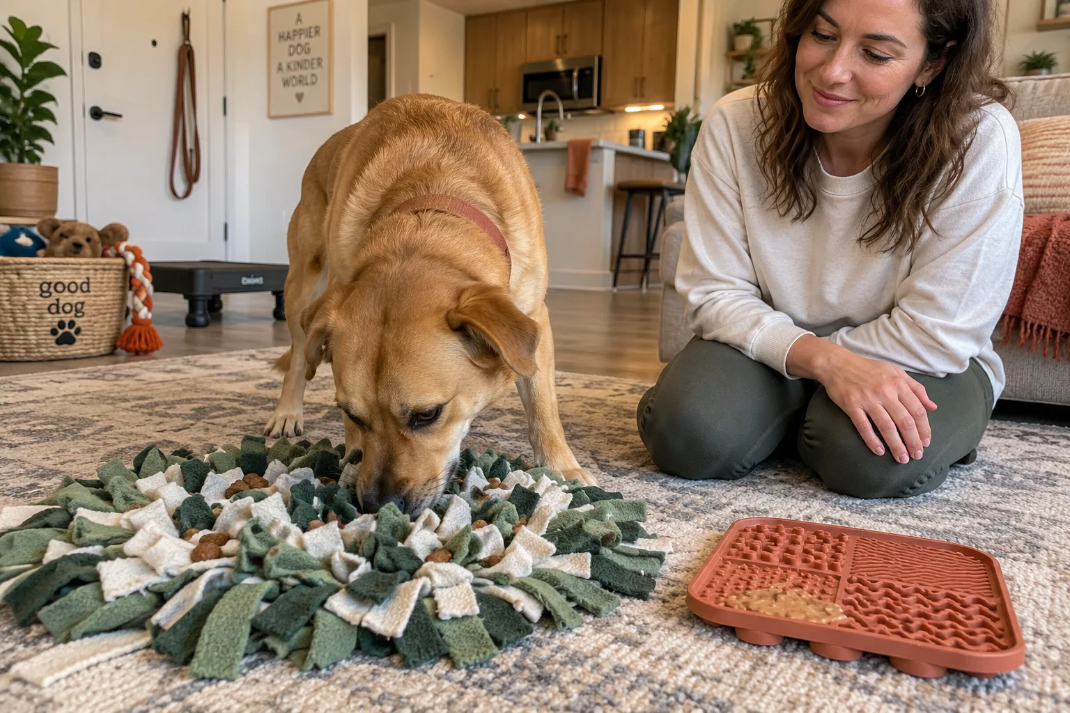Dog searches a snuffle mat while a woman kneels beside a lick mat.