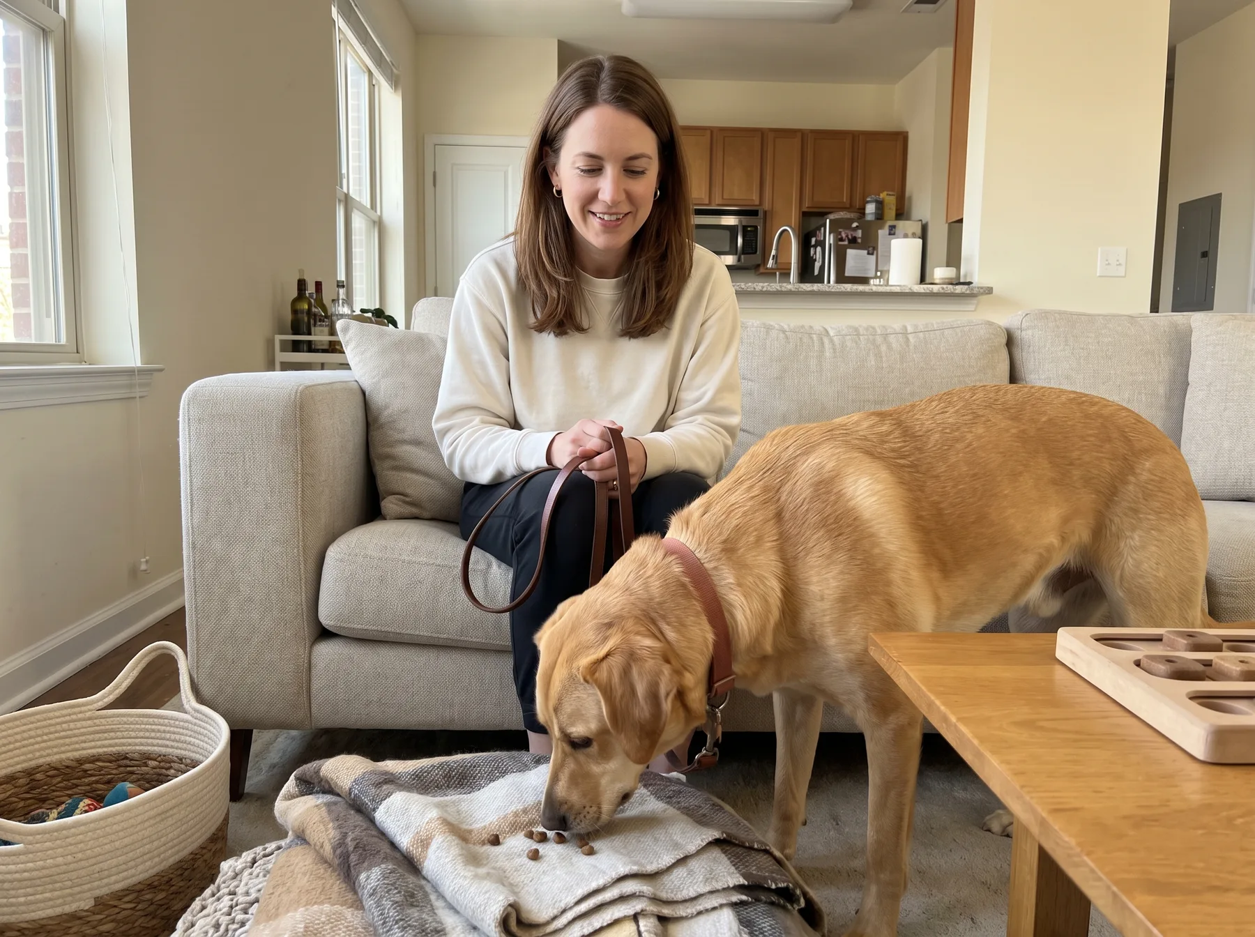 Woman watches her dog sniff kibble scattered across folded blankets in a living room.