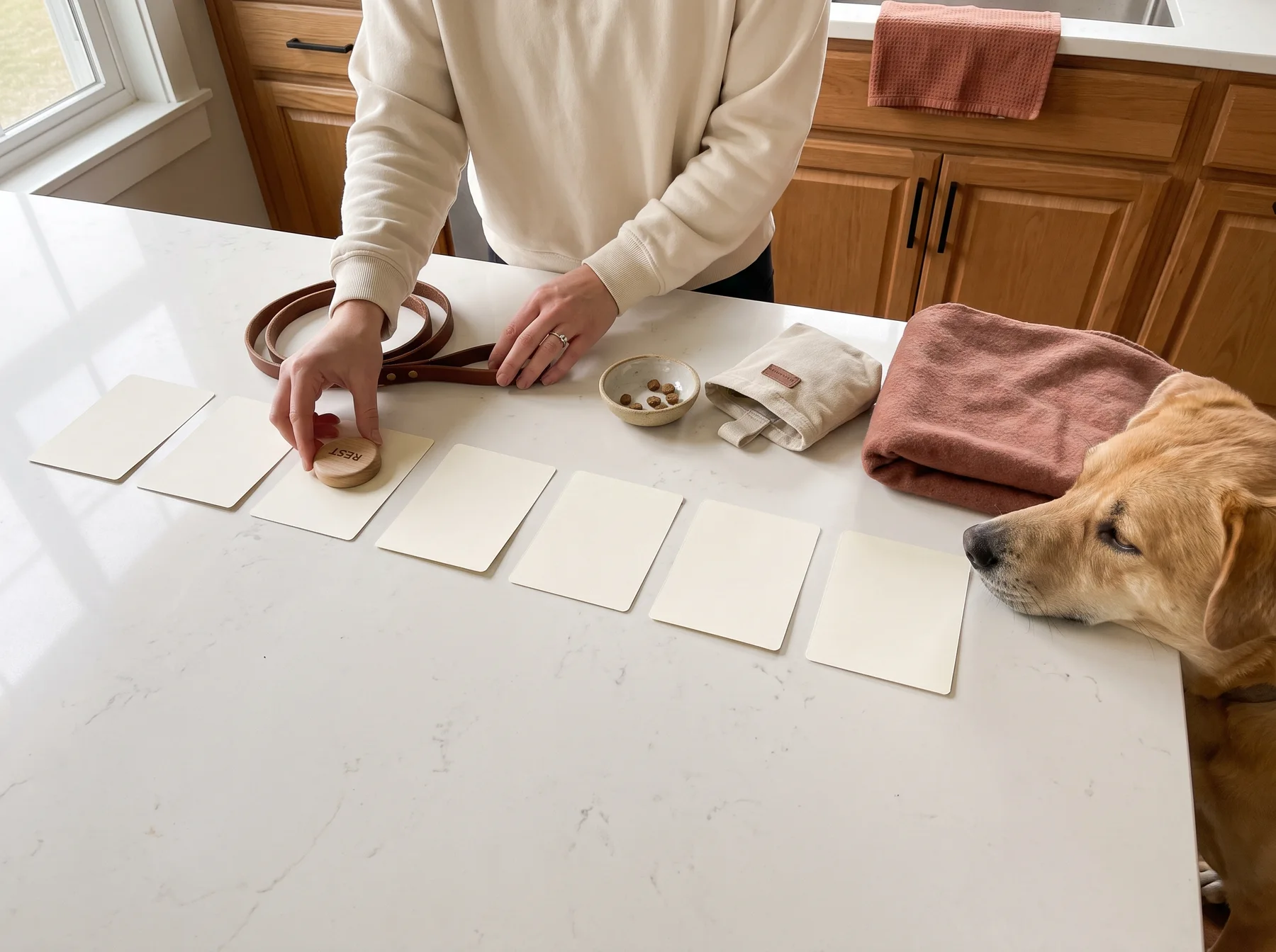 Person arranges seven blank planning cards beside a leash and kibble as a dog watches.
