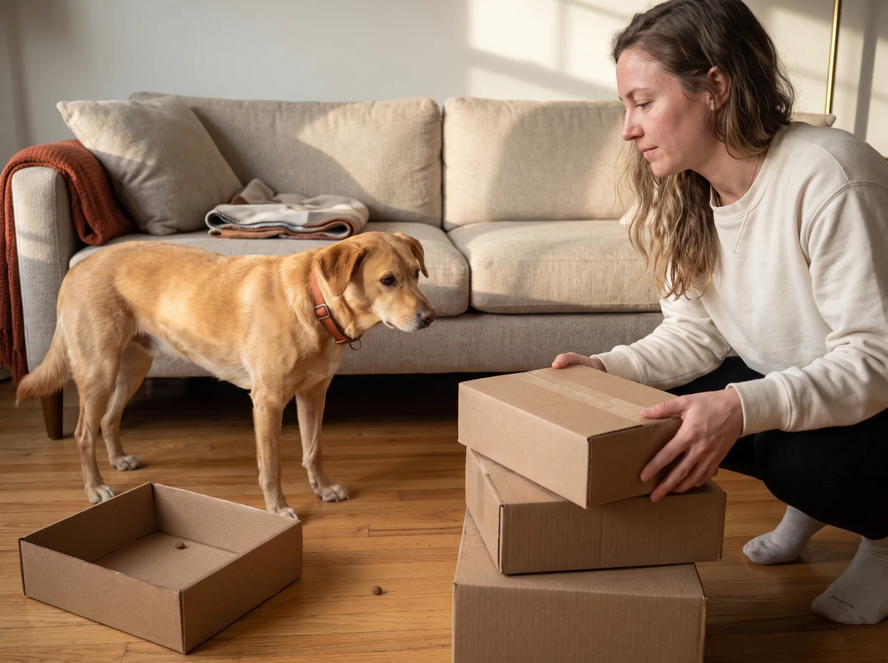 Woman rearranges cardboard boxes while a dog stands nearby in the living room.