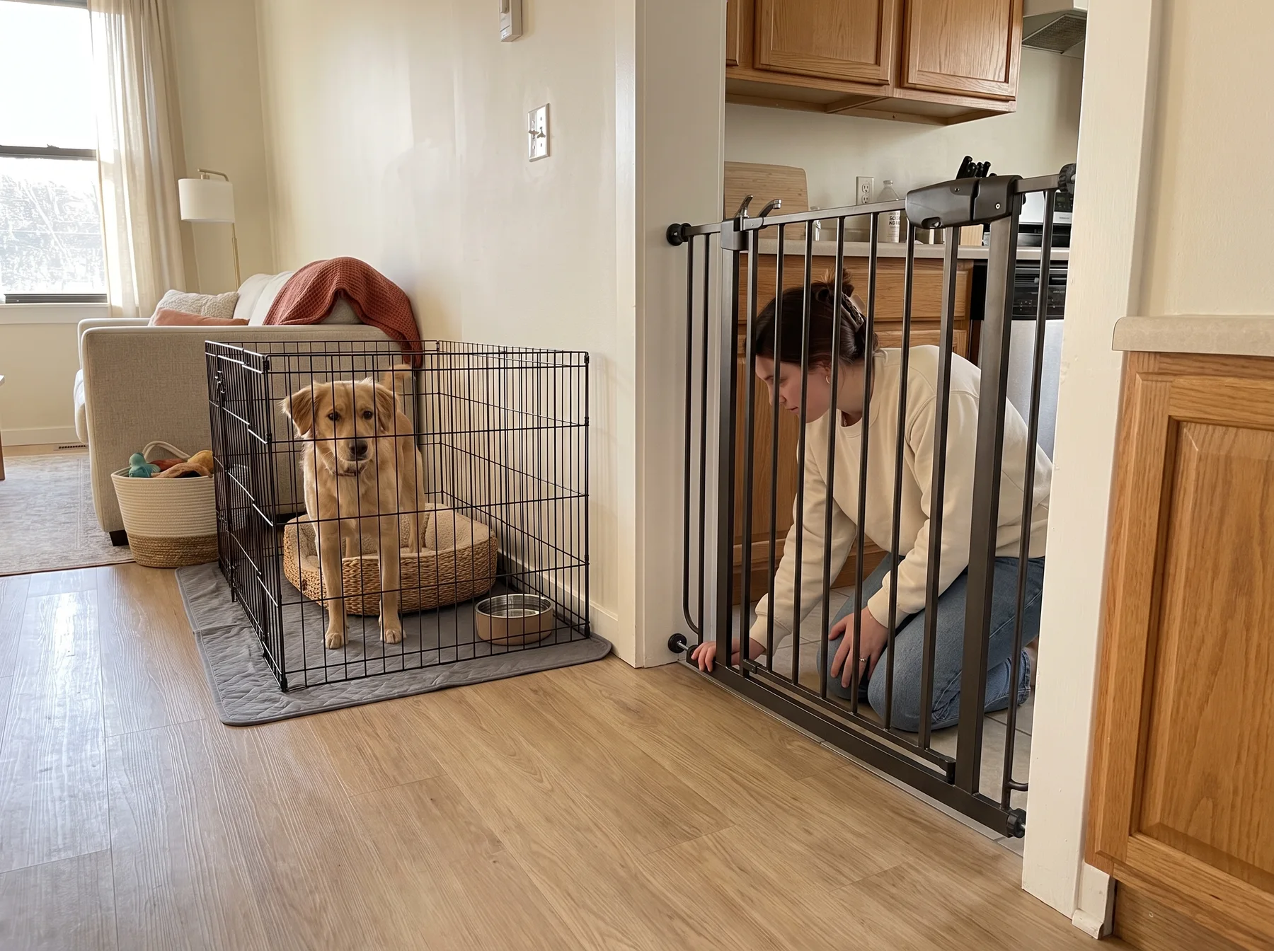 Woman checks a doorway pet gate beside a dog standing inside a wire playpen.