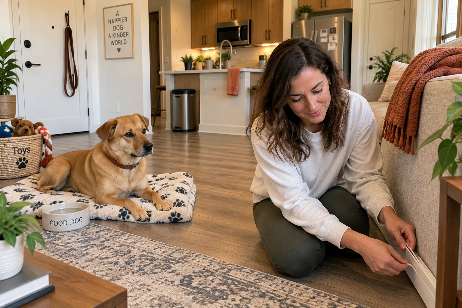 Woman secures a cable beside a console while her dog rests on a bed nearby.