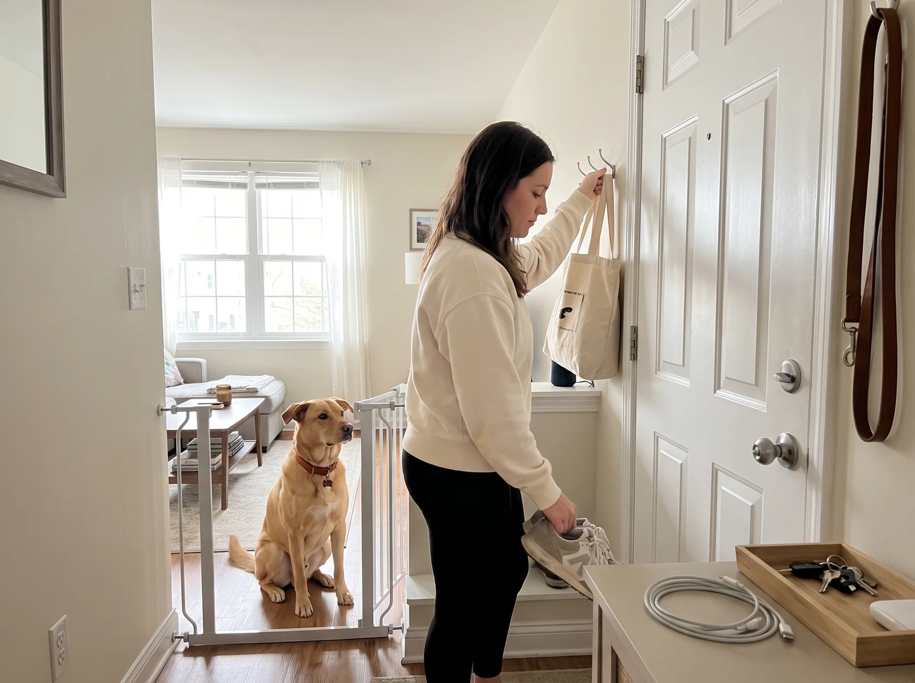 Woman stores shoes by the door while a dog waits behind an entry gate.