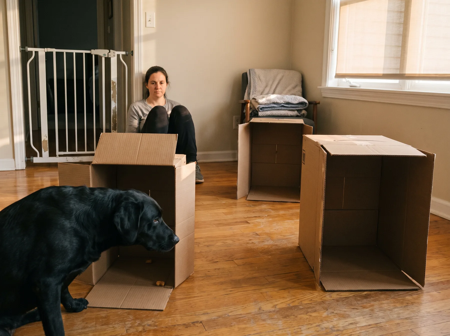 Black dog sniffs an upright cardboard box with treats inside a living room.