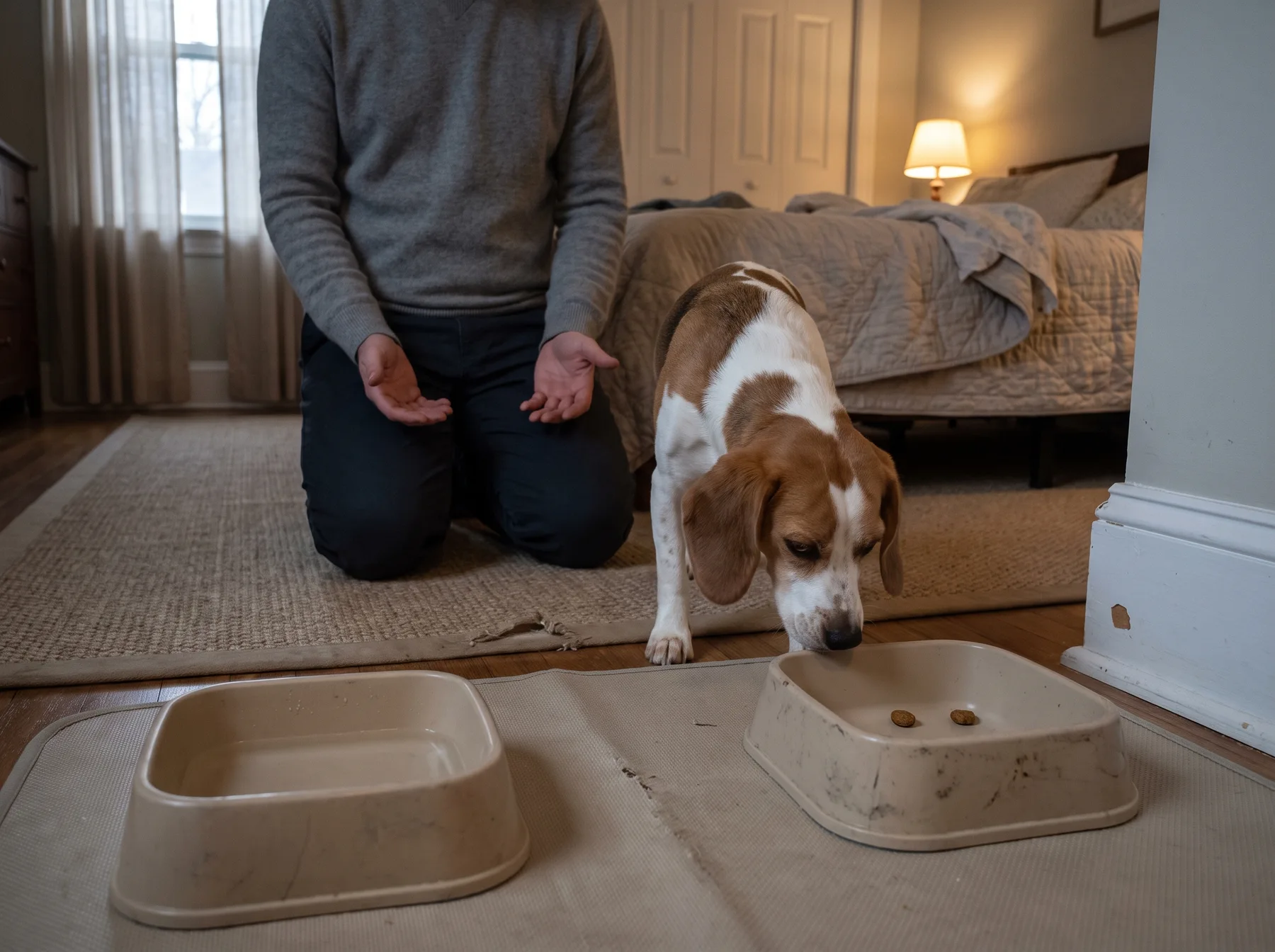 Dog sniffs kibble in a shallow open container as a kneeling adult supervises nearby.