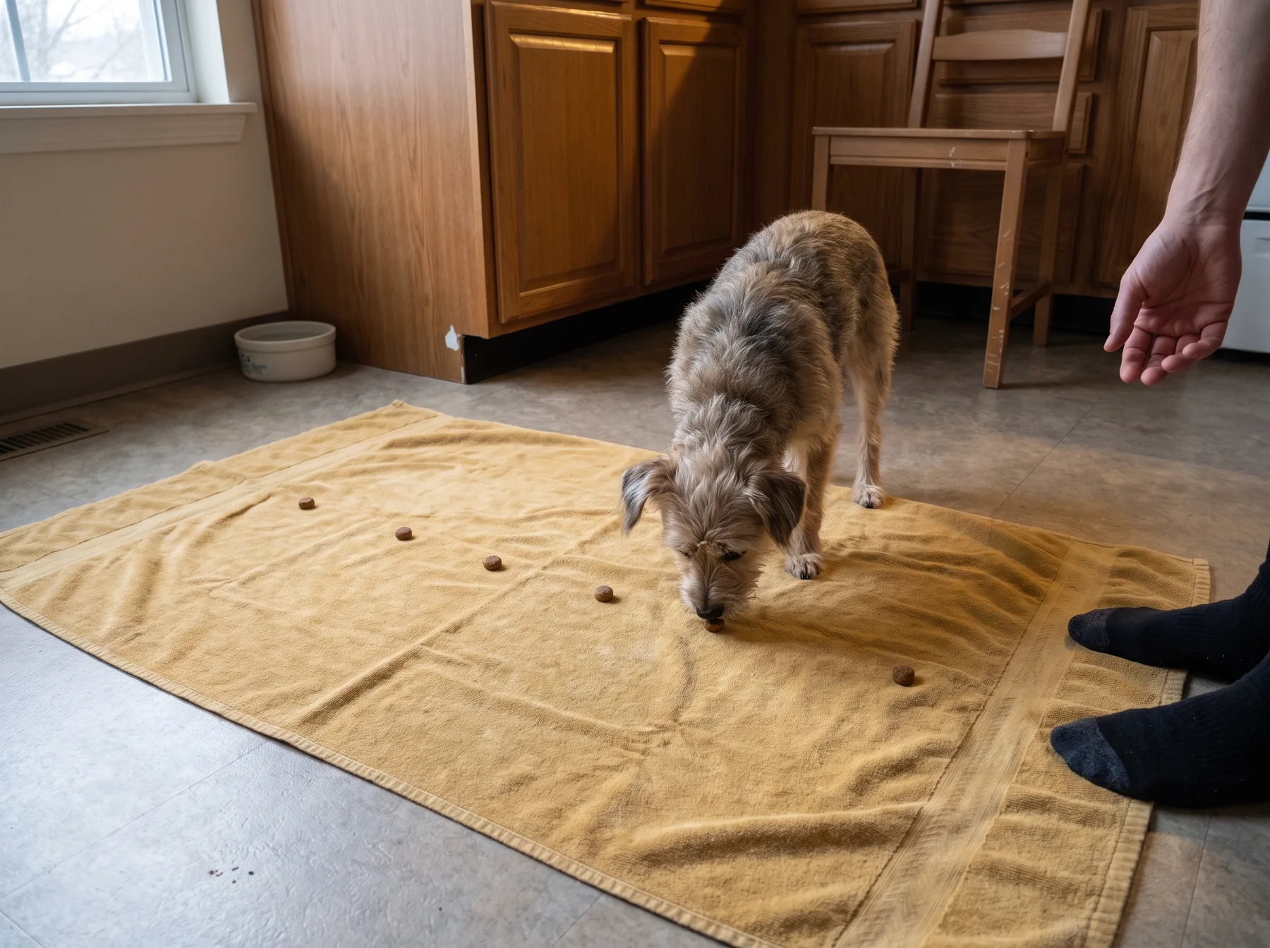 Small dog sniffs scattered treats on a towel on the kitchen floor.