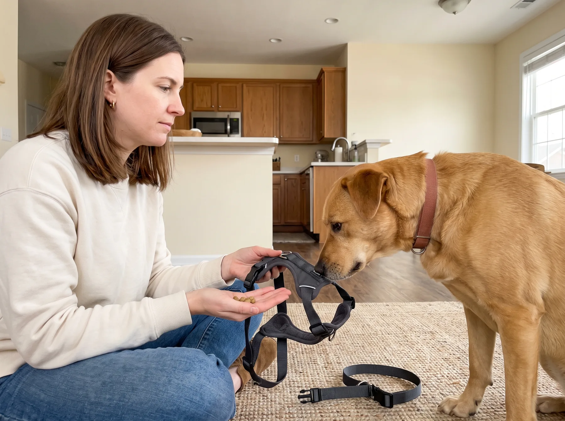 Woman holds an open harness while her dog sniffs it indoors.