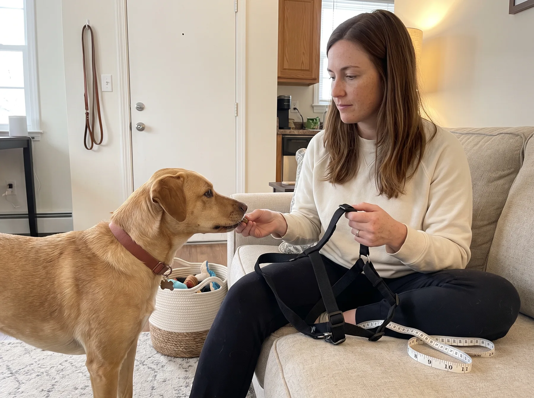 Woman adjusts a removed harness while her dog waits beside the sofa.