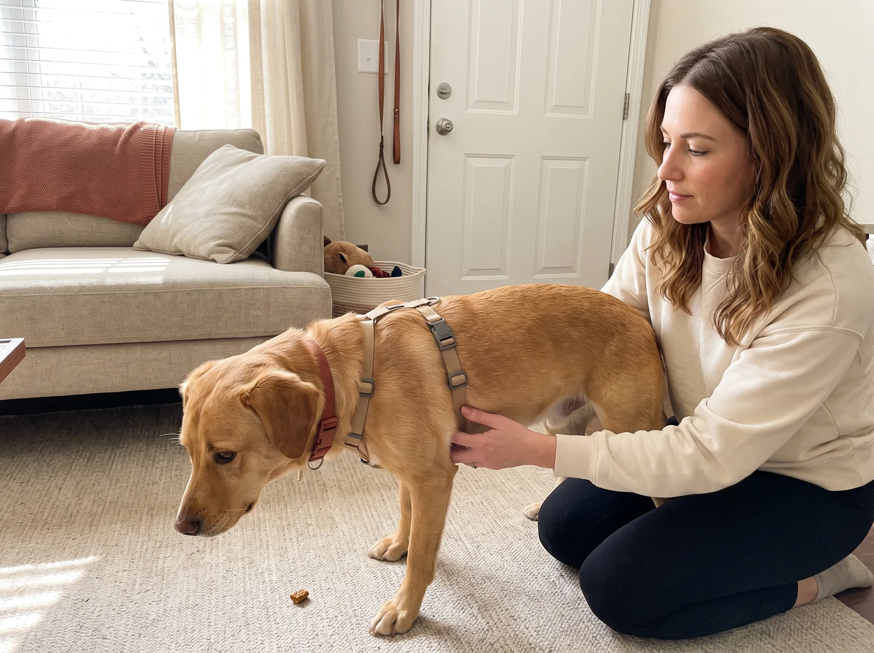 Woman kneels beside a dog and checks its harness fit in a living room.