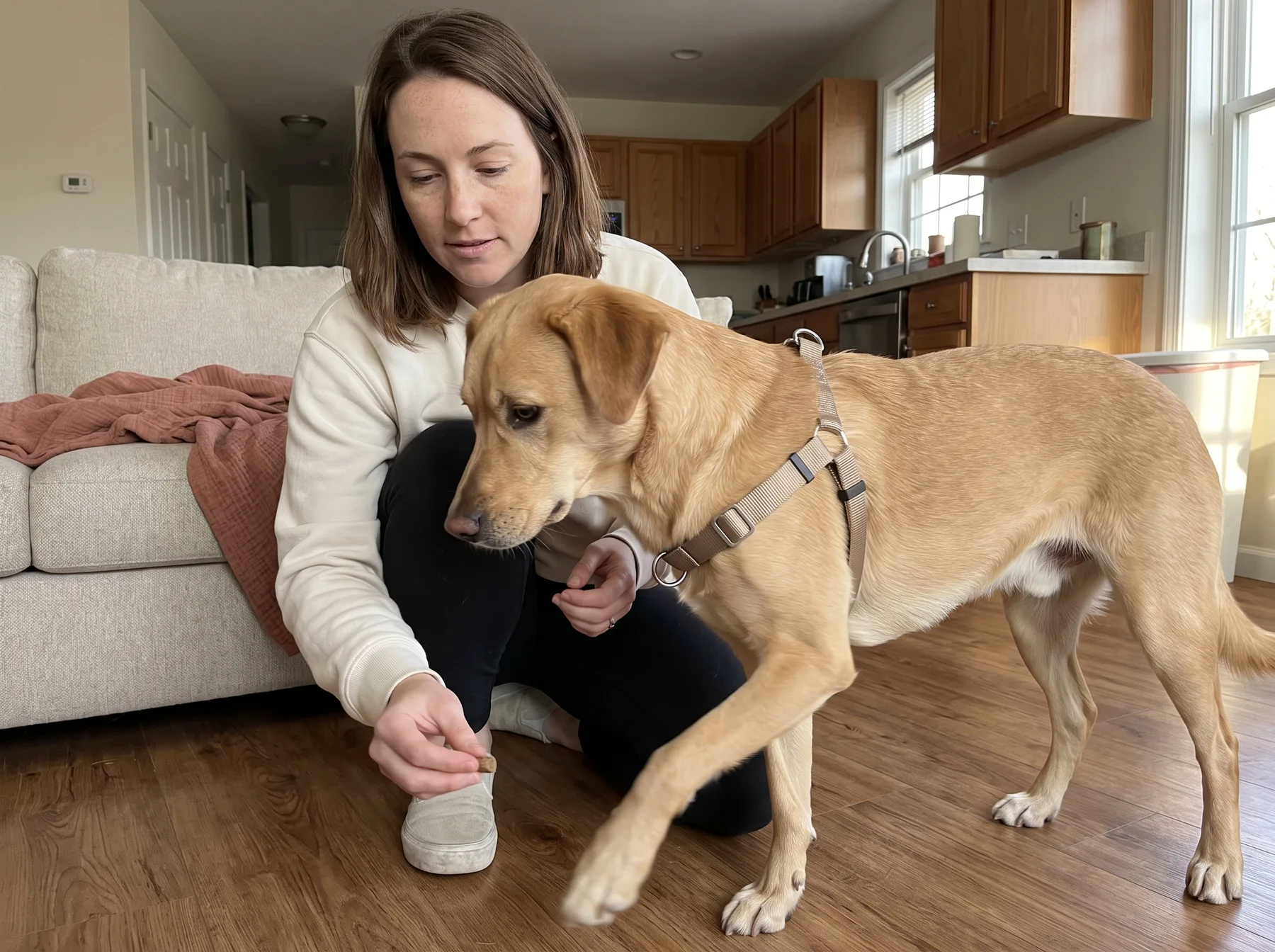 Woman watches a harnessed dog step forward across a hardwood floor at home.
