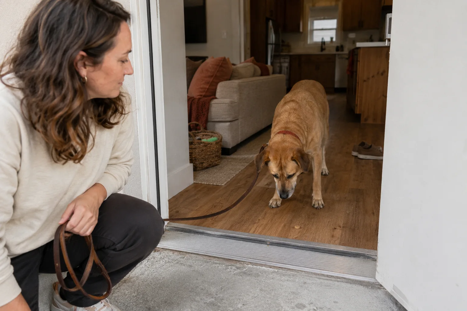 Woman waits outside as dog hesitates over a treat inside the doorway.