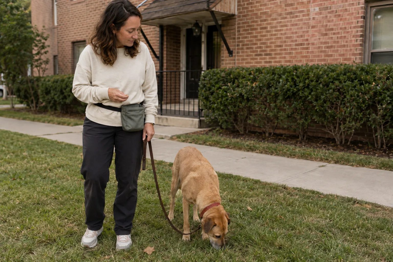 Woman with treat pouch and slack leash waits while her dog sniffs grass.