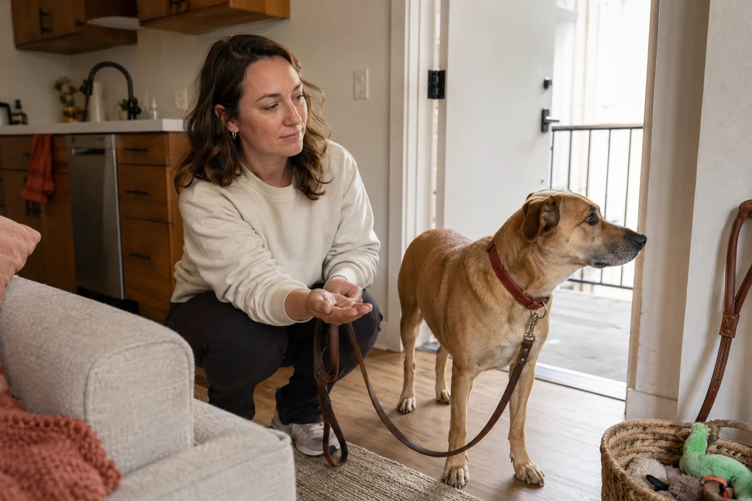Woman offers a treat indoors while leashed dog watches the open doorway.