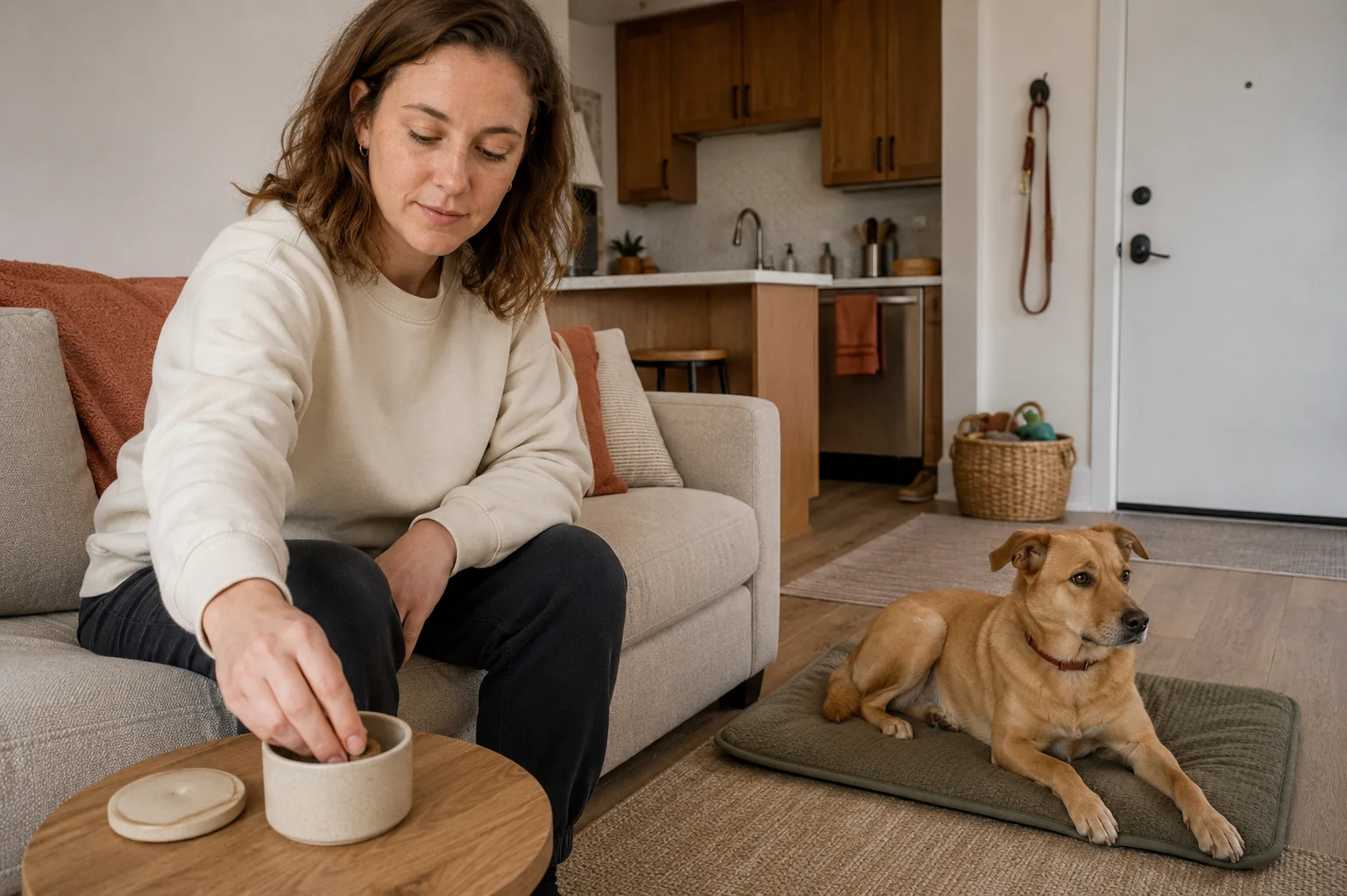 Woman puts a treat into a container while a dog rests nearby on a mat.