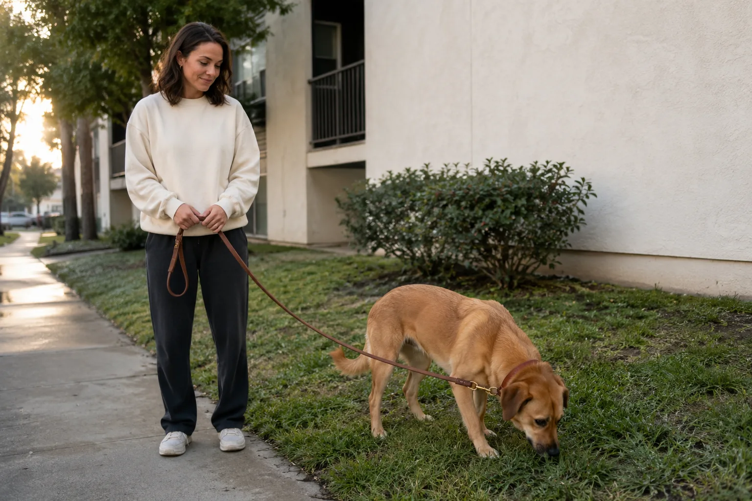 Woman waits on a sidewalk as her leashed dog sniffs a quiet grass patch.
