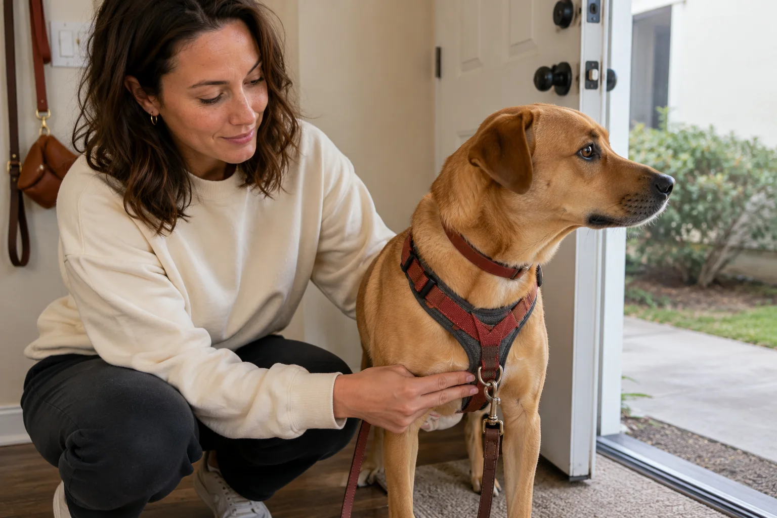 Woman checks her dog's harness while the dog looks outside through an open front door.
