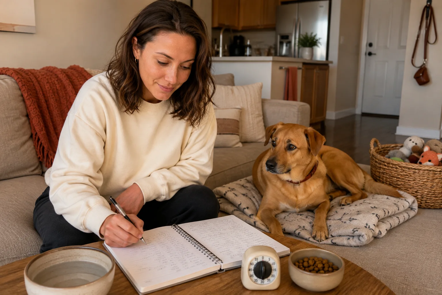 Woman writes in a log while her dog rests beside food and water bowls.