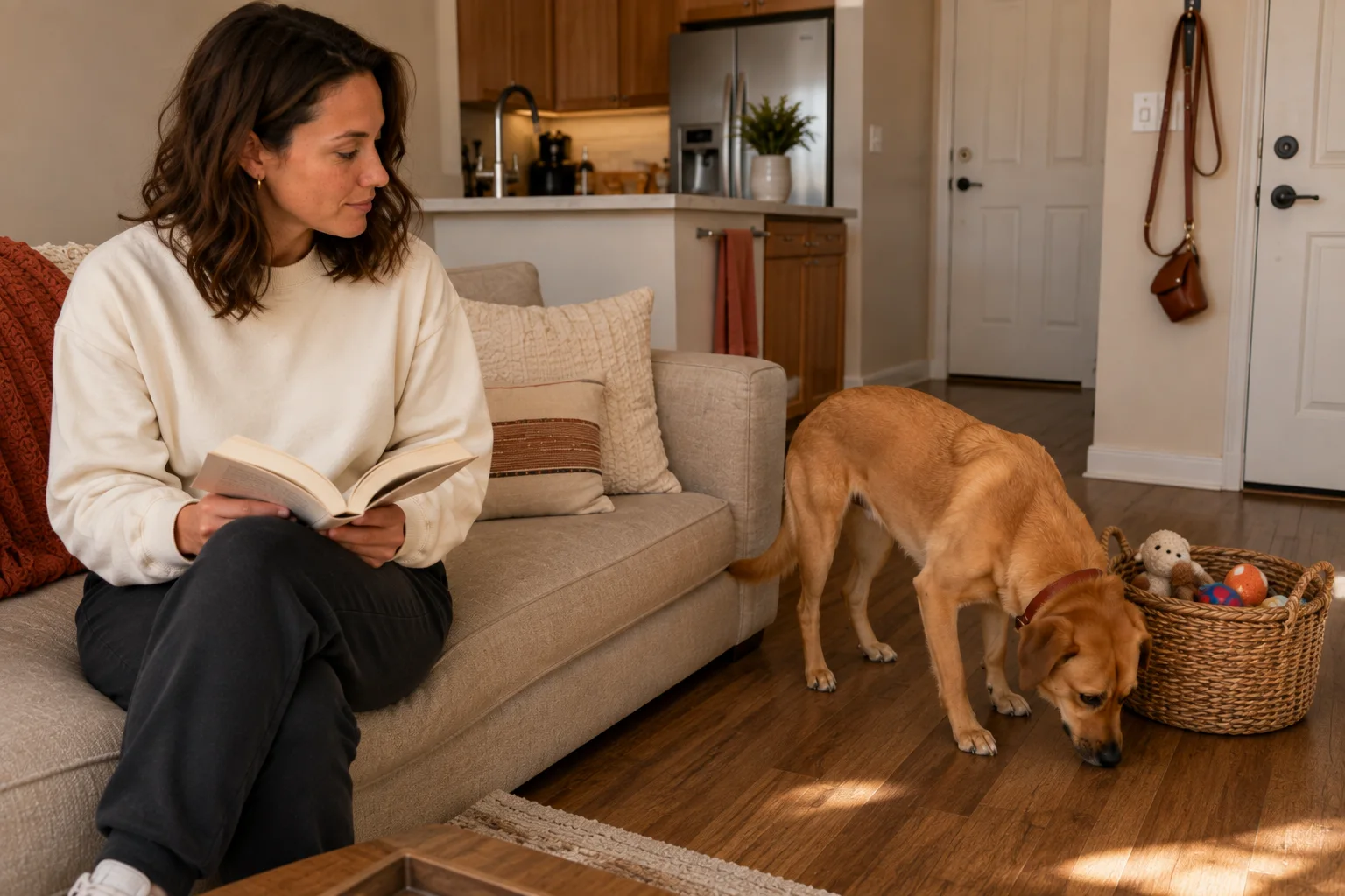 Woman supervises a dog sniffing the living room floor near a basket of toys.