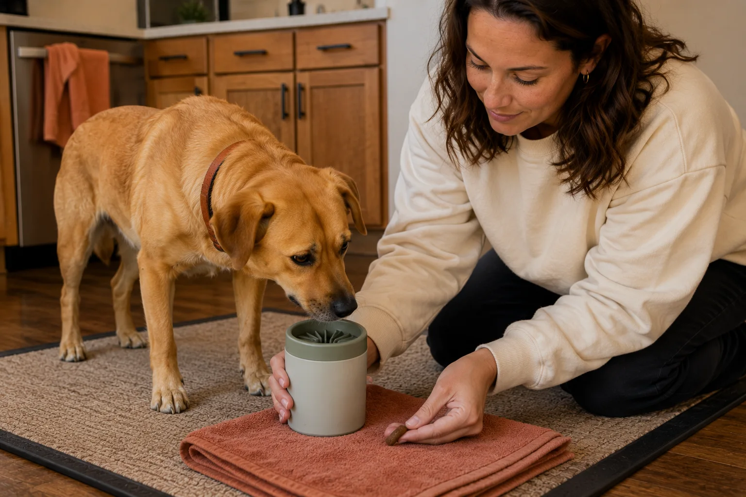 Dog sniffs a paw-cleaning cup beside a kneeling woman's open hand.