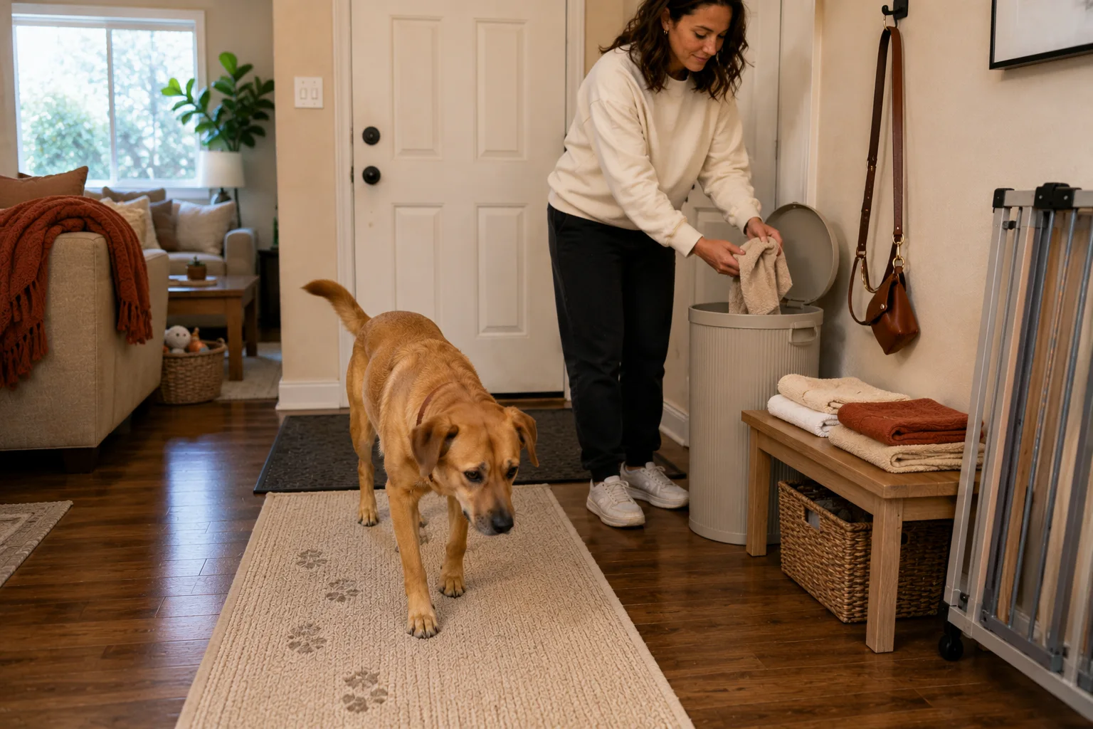 Dog walks across an entryway runner as a woman places a towel in a hamper.