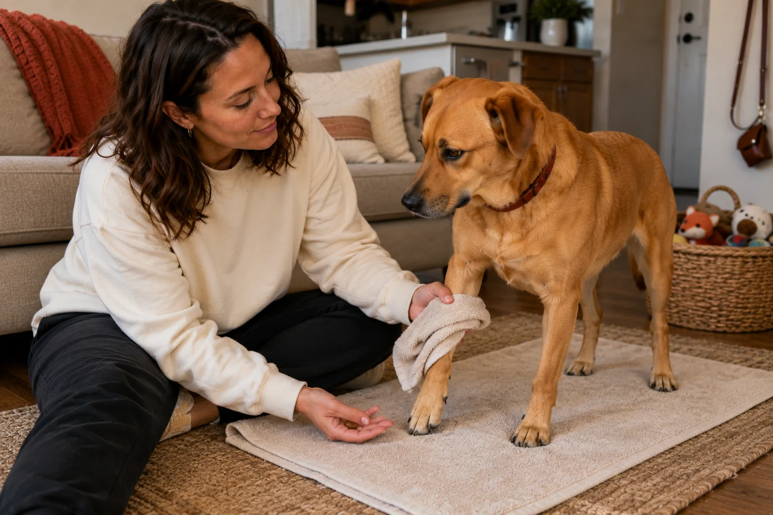 Woman gently holds a towel against her dog's raised paw while the dog stands on a mat.