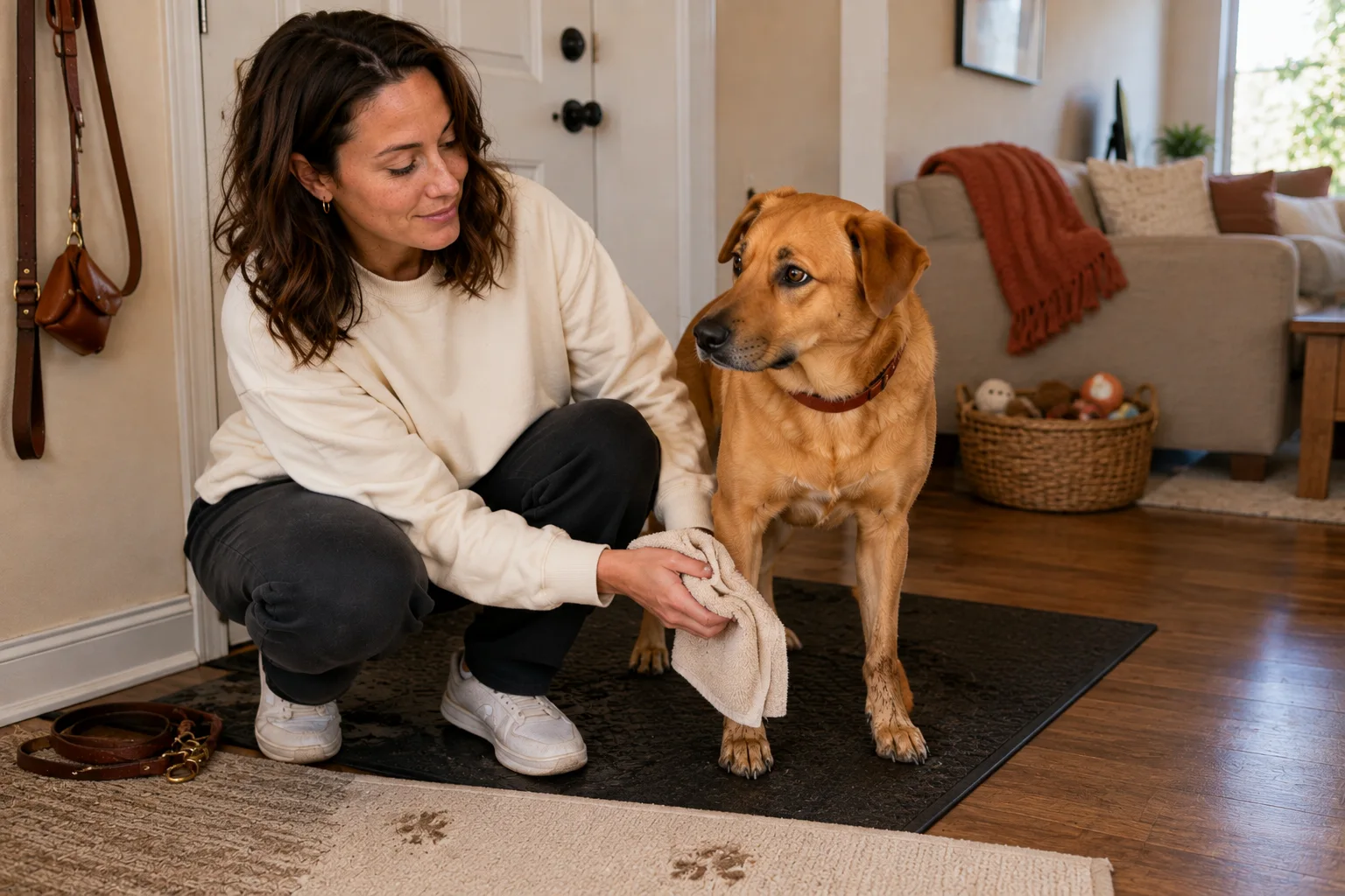 Woman wipes a dog's muddy paw with a towel on a black entry mat.