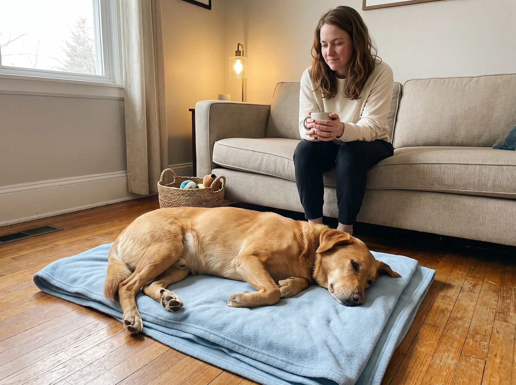 Rescue dog sleeps on a blanket beside a woman seated on the sofa.