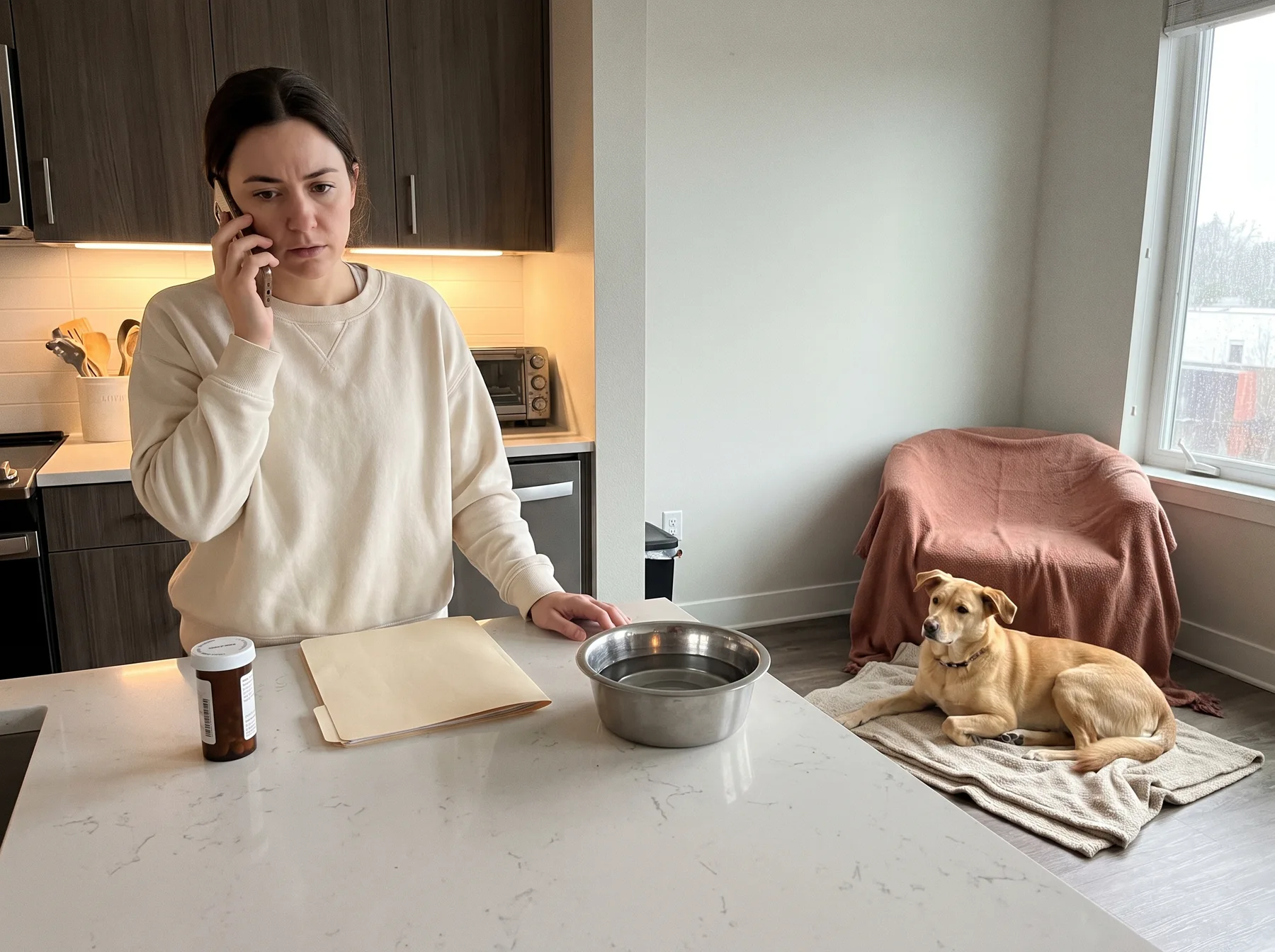 Concerned woman makes a phone call while her dog rests nearby on a blanket.