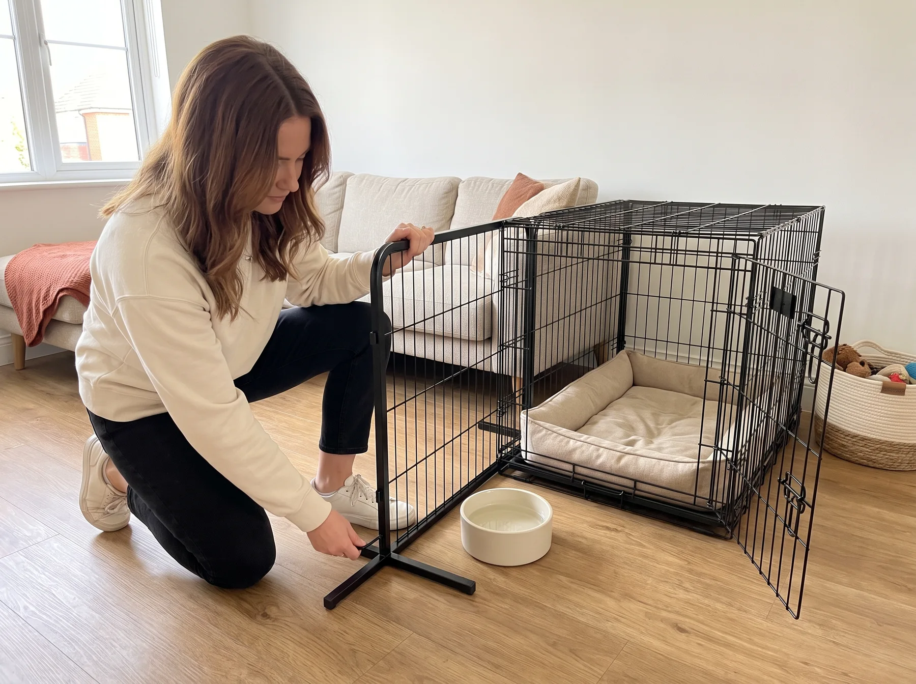 Woman checks a wire playpen beside an open dog crate in a living room.
