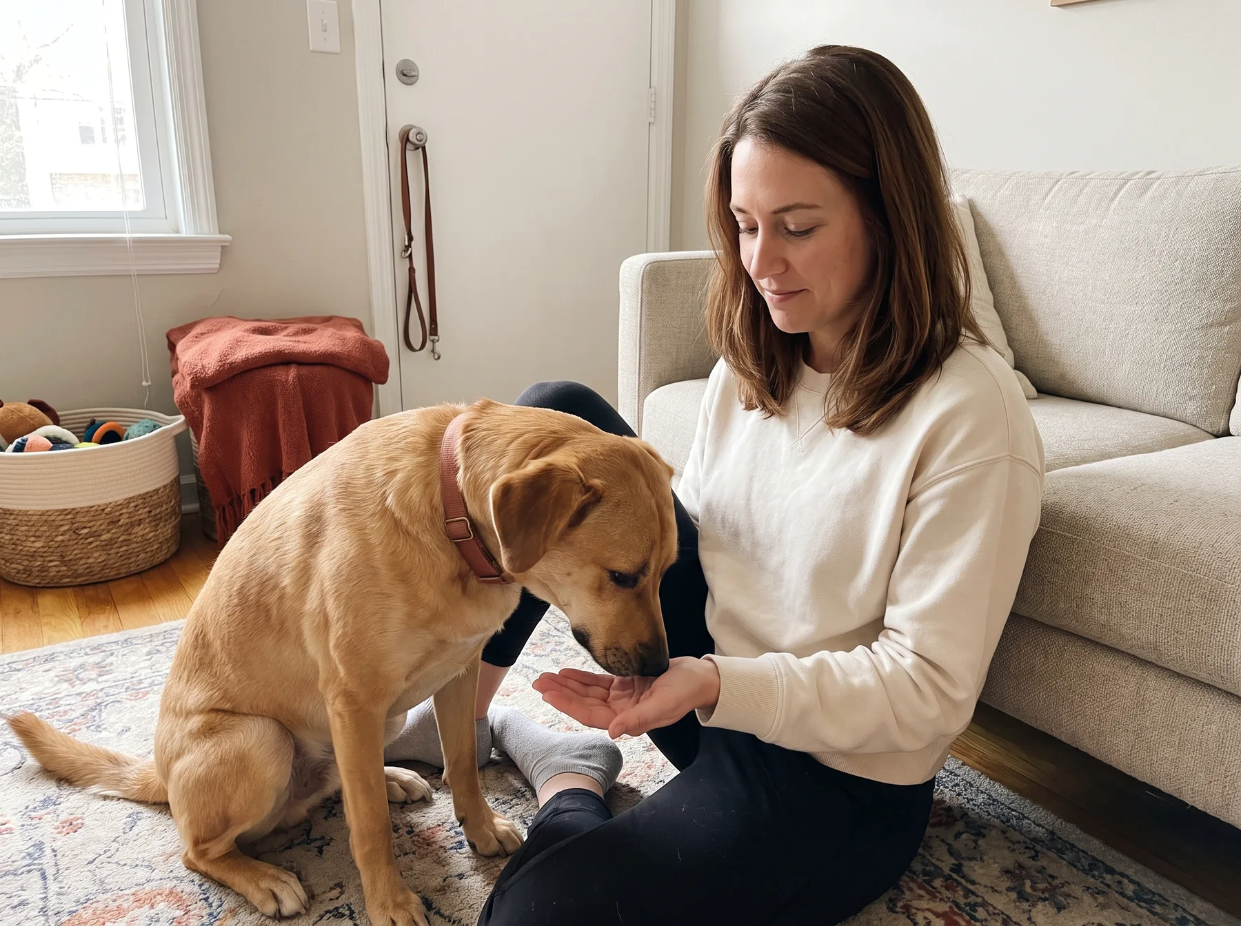 Woman seated beside a sofa offers her hand for a dog to sniff.