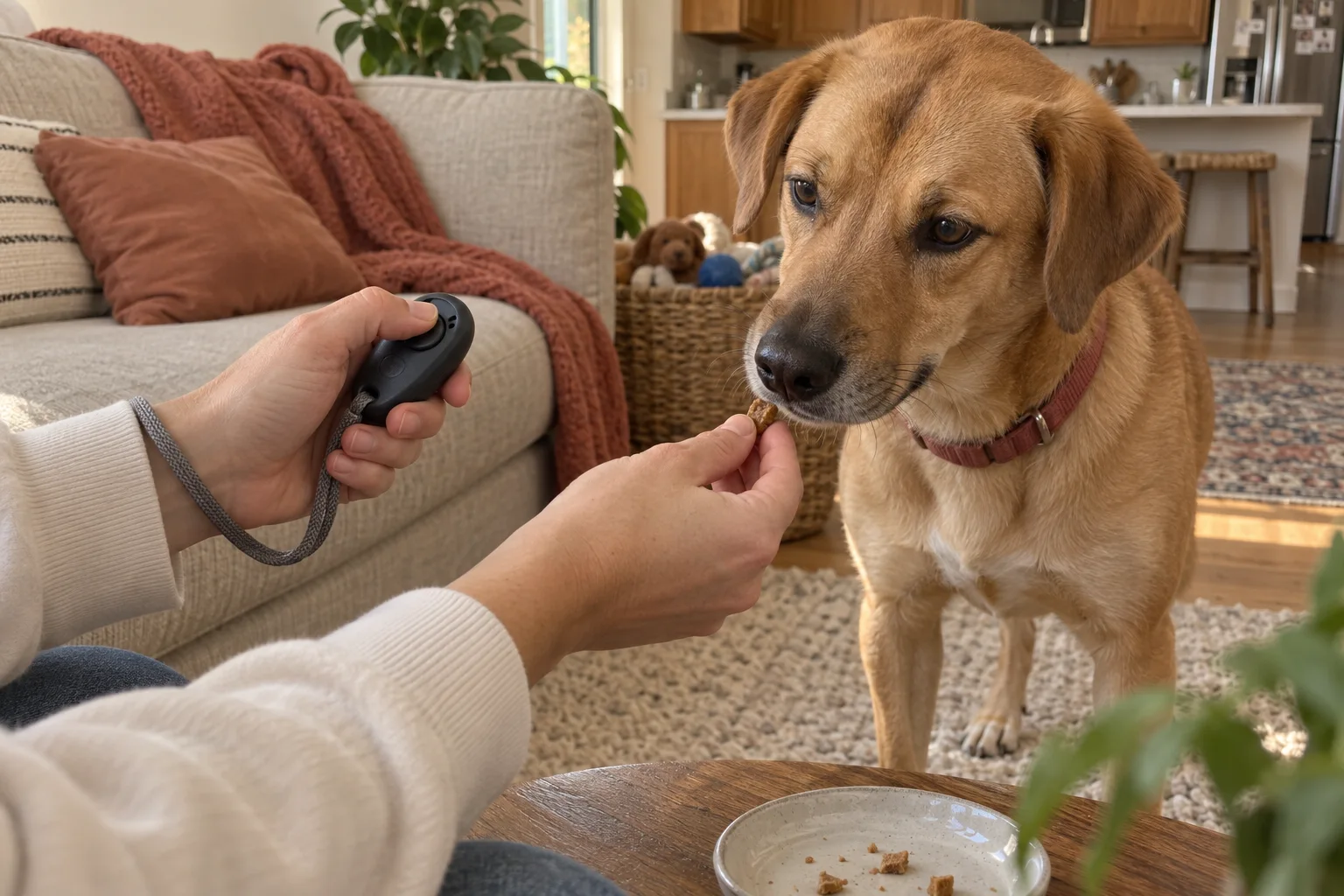 Person holds a clicker while giving a dog a treat in a living room.