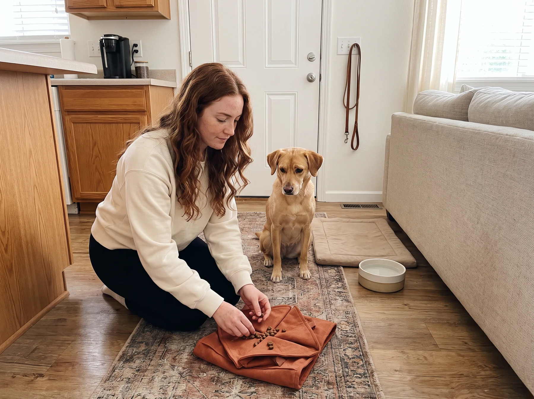 Woman fills a snuffle mat while her dog waits beside water and a resting mat.
