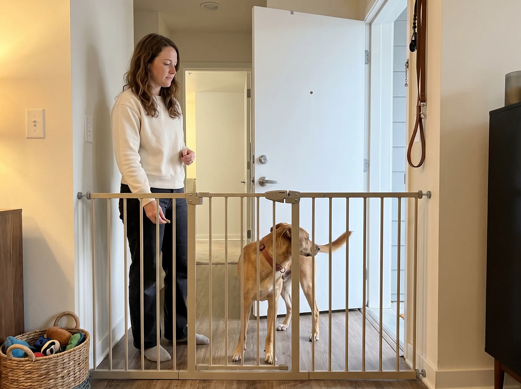 Woman offers a treat to a dog behind a gate near an open doorway.