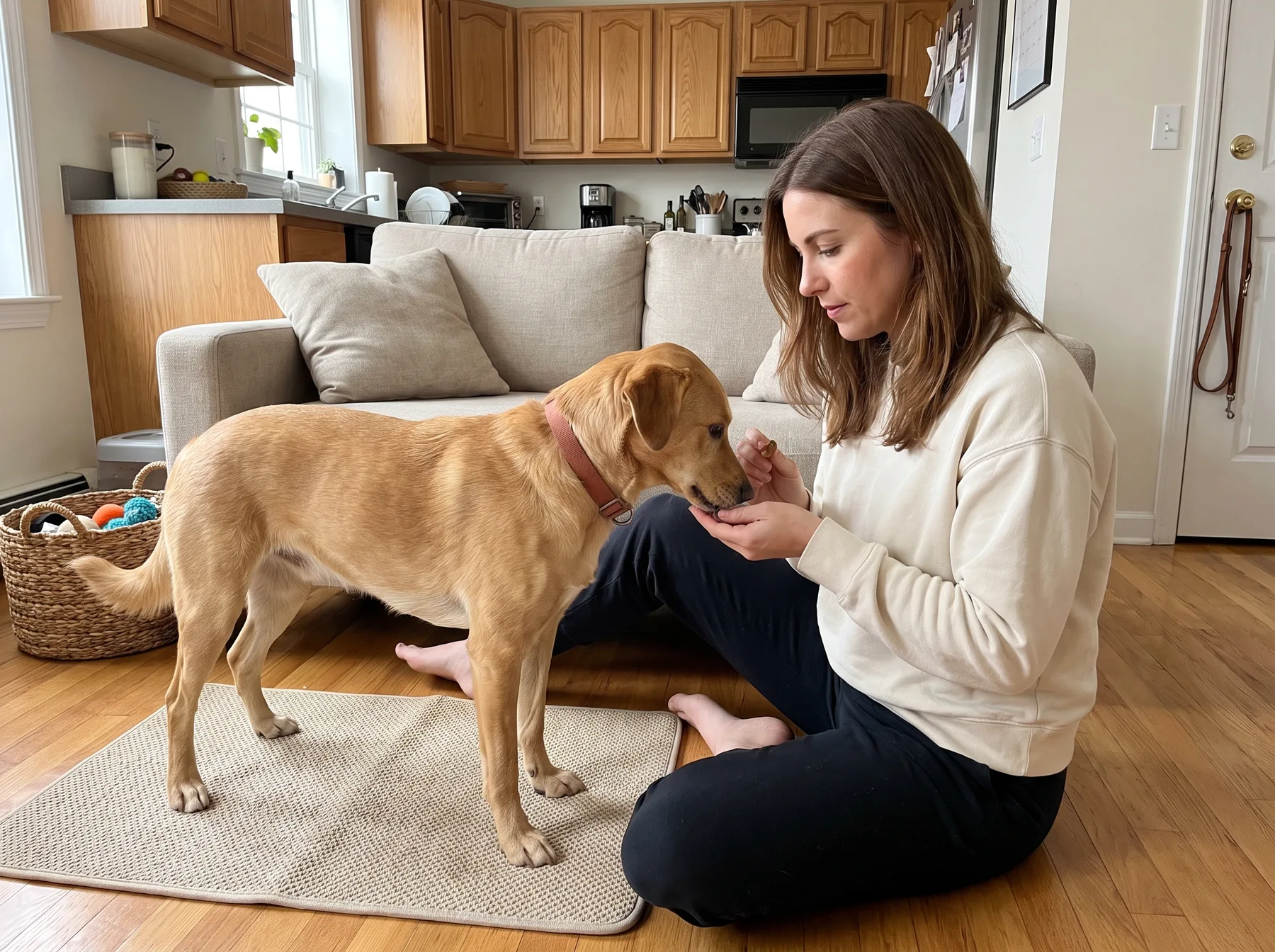 Woman rewards a dog standing on a training mat in her living room.