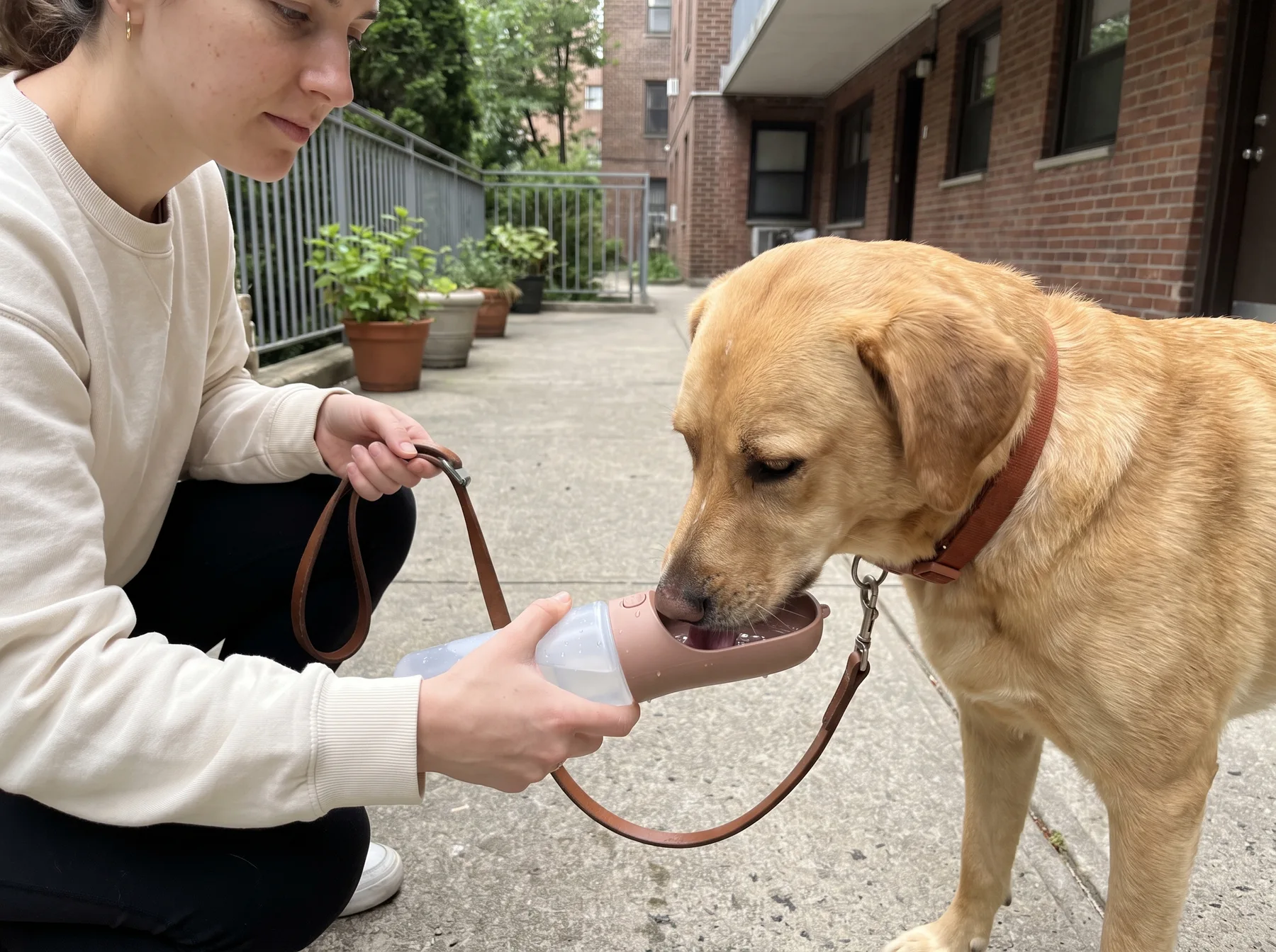 Dog drinks from a portable water bottle held by a woman during a walk.