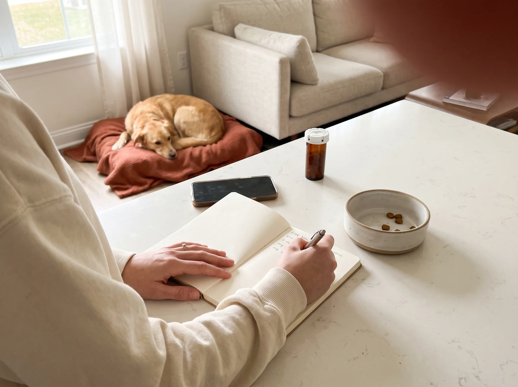 Person writes in a care notebook while a dog rests nearby on a blanket.