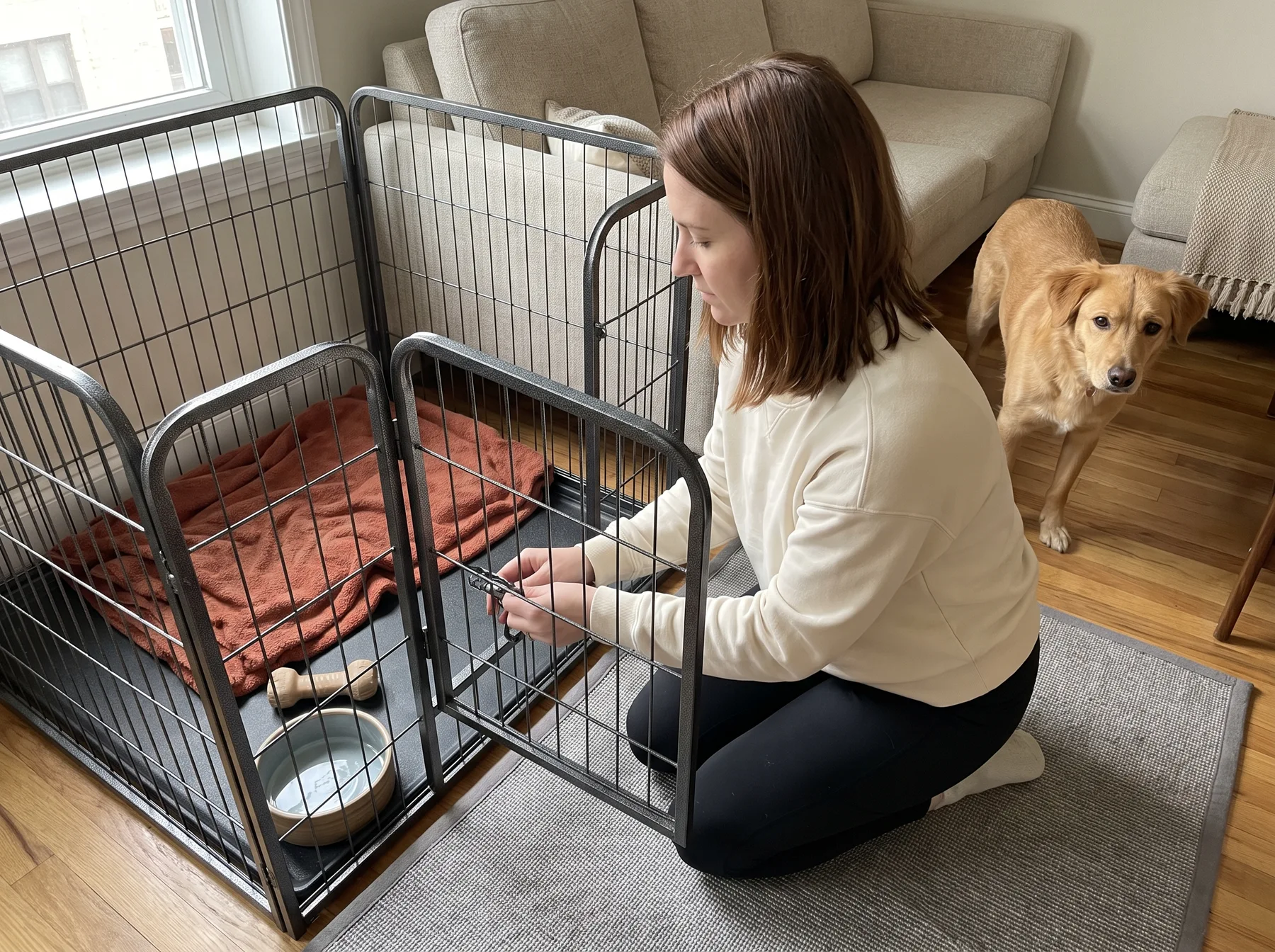 Woman kneels beside an open indoor playpen while a dog watches nearby.