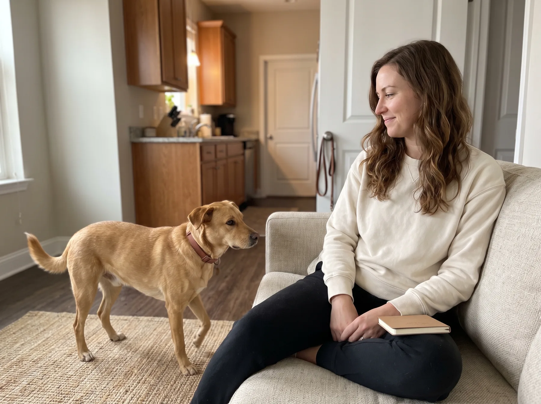 Woman seated on a sofa watches her dog walk across the living room.
