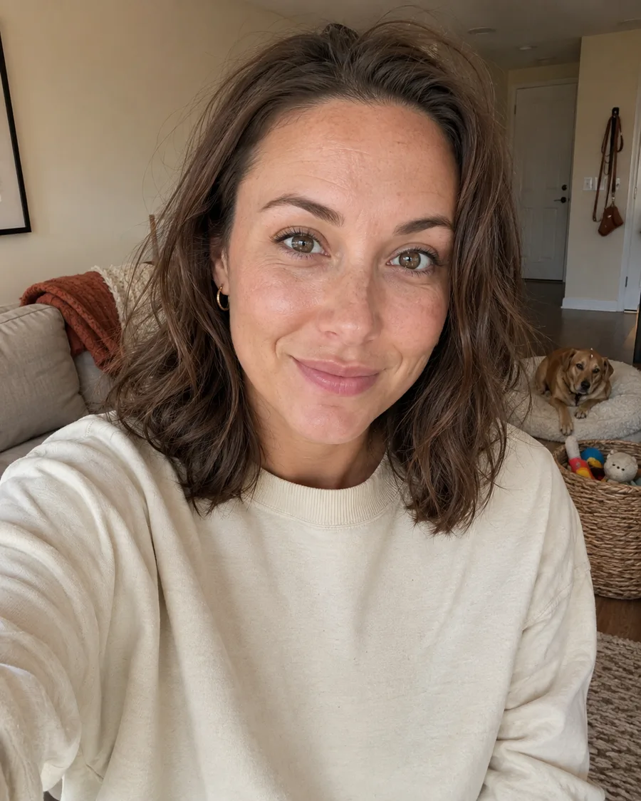 Maya Bennett, Tail Lantern dog lifestyle writer, at home with a dog in the background
