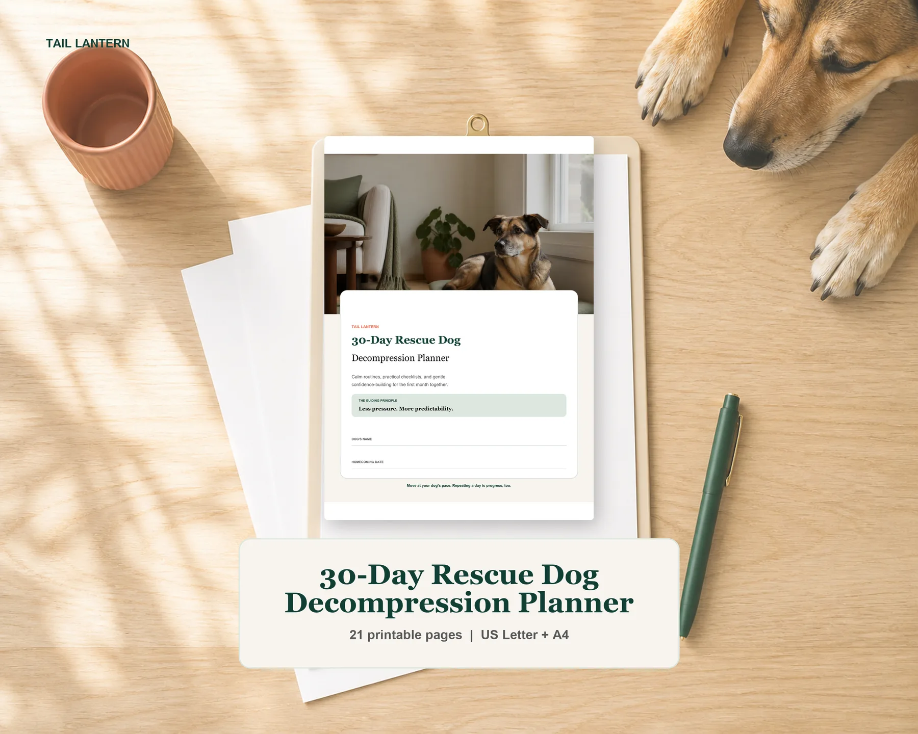 Printable 30-day rescue dog decompression planner displayed beside dog paws, mug, and pen.